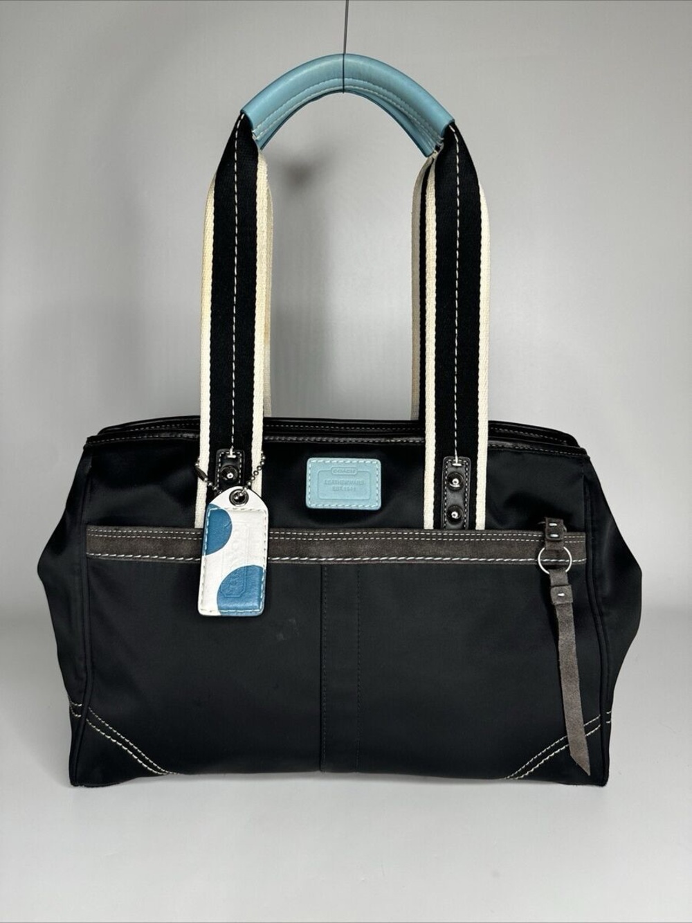 Coach Black Hampton Nylon Sateen Leather Weekend Tote with Light Blue Accent